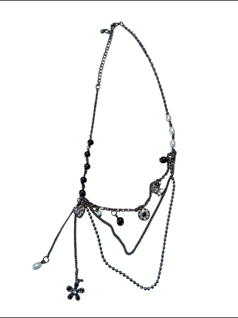 Gunmetal Multi-Strand Pearl & Crystal Charm Necklace